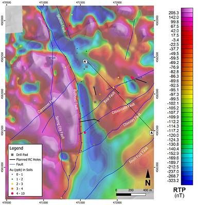 Figure 1. Hot Springs Range Project's Eden Prospect – Plan view map of the reduced to pole (RTP) airborne magnetics data. Major changes in the magnetism from the RTP map are coincident with faults mapped on the surface and from seismic surveys. Figure 1. Hot Springs Range Project's Eden Prospect – Plan view map of the reduced to pole (RTP) airborne magnetics data. Major changes in the magnetism from the RTP map are coincident with faults mapped on the surface and from seismic surveys.