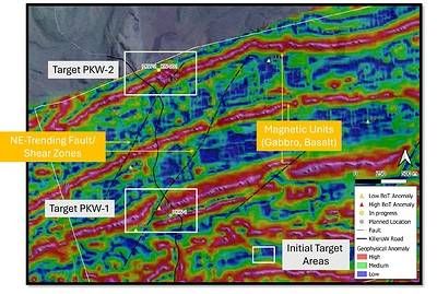 Figure 2. Locations of the two initial gold-copper target areas at Killero W (PKW-1 and PKW-2), overlain on the Company's high-resolution drone magnetic data.
