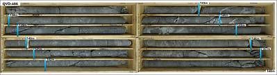 Figure 4. Drill core boxes from drillhole QVD-466 displaying a representative portion of the interval from 139.0 to 150.0 meters, which returned a broad intercept of 0.44 g/t Au over 11.0 meters. This new gold-mineralized zone north of Yaxtché East suggests a potential link between the main deposit and the Carmen target, which is known for its gold-copper mineralization. Figure 4. Drill core boxes from drillhole QVD-466 displaying a representative portion of the interval from 139.0 to 150.0 meters, which returned a broad intercept of 0.44 g/t Au over 11.0 meters. This new gold-mineralized zone north of Yaxtché East suggests a potential link between the main deposit and the Carmen target, which is known for its gold-copper mineralization.