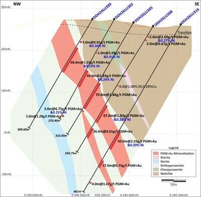 Figure 2: Central Sector (Section 2 on Figure 4). Consistent thicknesses across every hole, with grades generally improving at depth. (CNW Group/Bravo Mining Corp.)