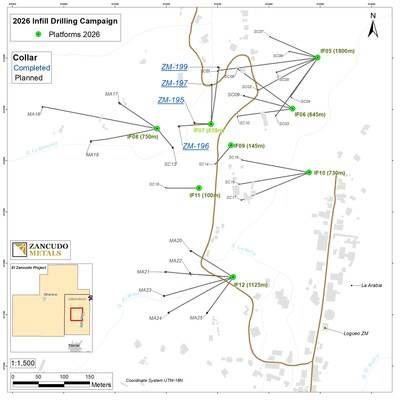 Attachment 1 – Map showing the location of the drill holes for the Las Brisas 2026 drilling campaign (CNW Group/Denarius Metals Corp.)