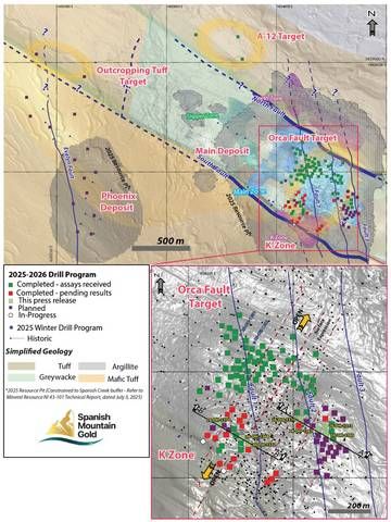 Figure 1: Drill Collar Location Map - 2025-2026 Drill Program. The figure illustrates the collar locations for all 7 drill holes reported in this news release, plus holes with assays pending. Section lines correspond to drill cross-sections presented in Figures 2 and 3. Collar coordinates are summarized in Table 3.