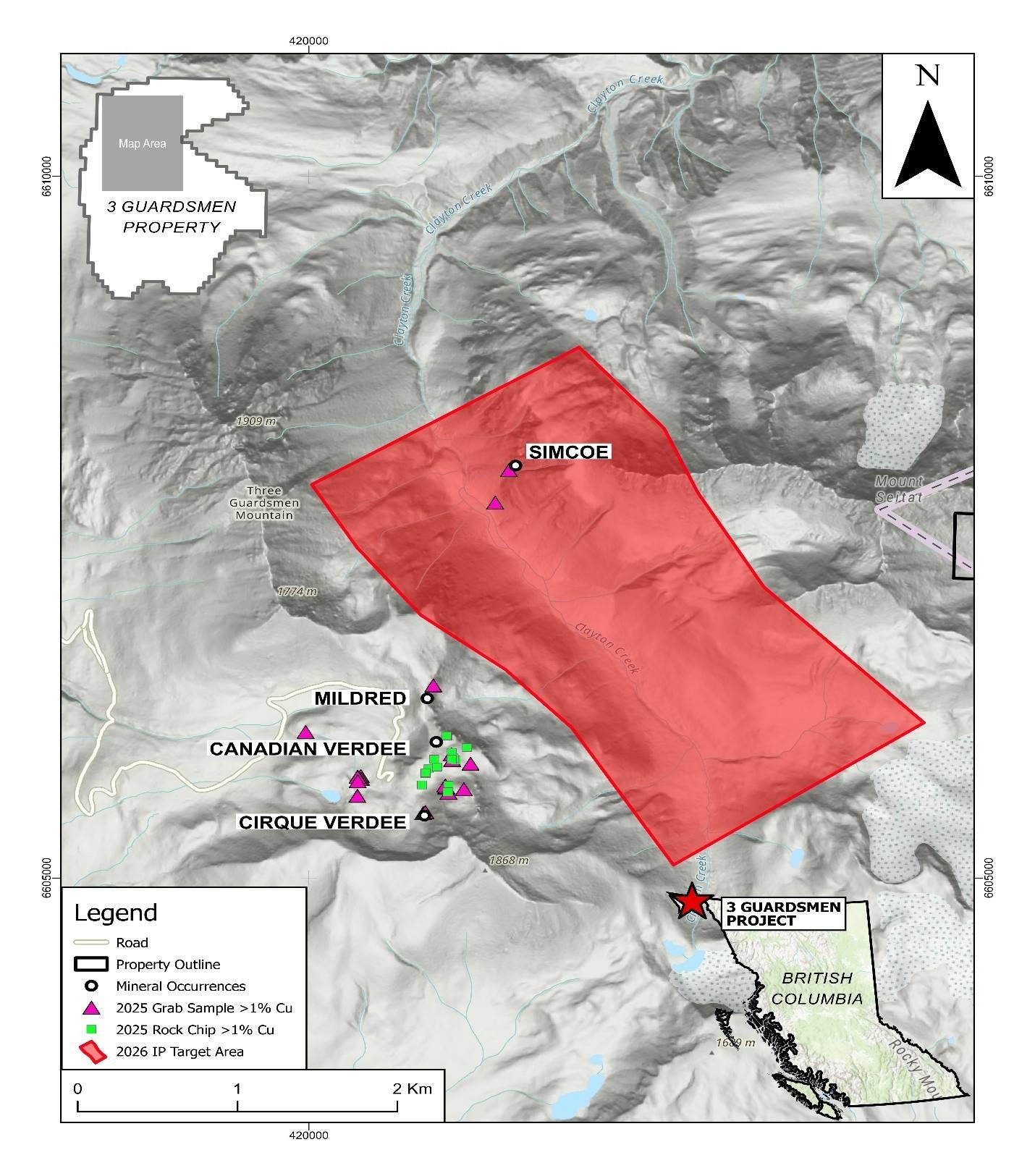 Figure 1: Three Guardsman IP Survey Boundaries and locations of high-grade CU samples from 2025