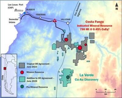 Figure 1. Location map of La Verde in relation to Costa Fuego, Huasco Valley, Chile. Hot Chili's Costa Fuego tenement landholdings related to the Original OR royalty agreement shown in grey, and additions to the tenement holdings related to the new OR royalty agreement are shown in green. (CNW Group/Hot Chili Limited)