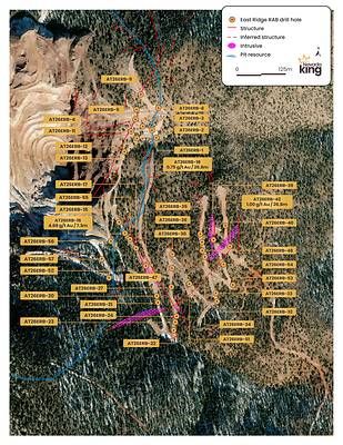 Figure 1. Plan view map of East Ridge RAB drilling with mapped surface structure and coinciding porphyritic intrusive rock. Strong alteration and anomalous mineralization along north-west and north-east structures. Anomalous gold mineralization is found within surface rock samples along both structures and intrusive.