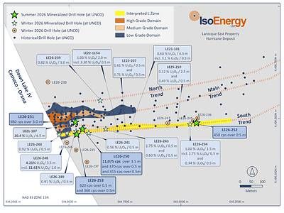 Figure 1 –Hurricane South Trend mineralized drill hole locations on the Larocque East project, including summer program holes LE26-250, 251, 252, and 253 completed to date. * See Qualified Person Statement below.