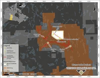 Figure 1: Location of the Munro Lake Project, northern Saskatchewan. The prospective mineralization corridor, highlighted in red, extends from the Seabee and Santoy mines onto the Munro Lake property**.