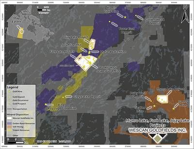 Figure 3: Location of Wescan's Munro Lake, Fork Lake and Jojay Lake projects.