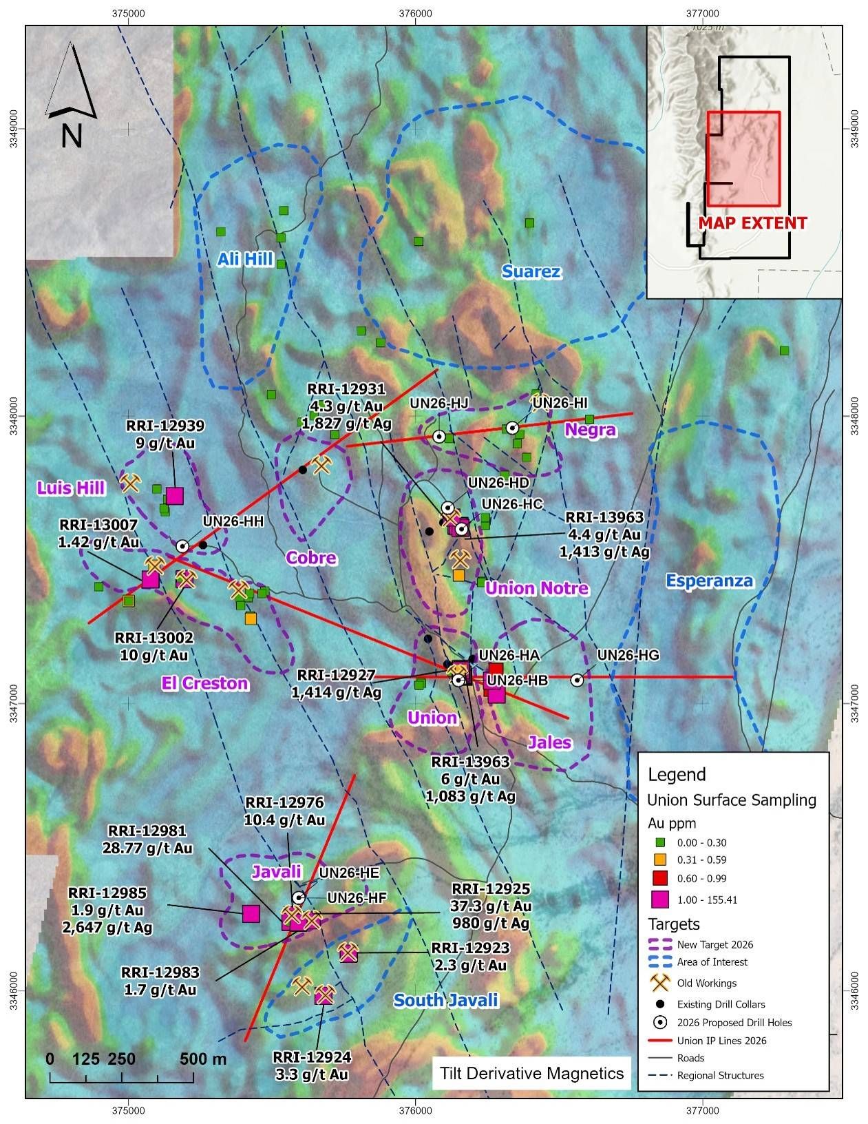 Figure 1: Map showing the integration of geophysics from the drone aeromagnetic survey and IP lines, along with assay data collected during Riverside'