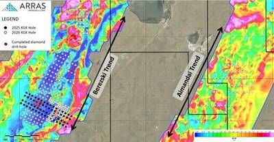 Figure 3: Completed Elemes KGK and diamond drill-holes overlain on reduction to pole (