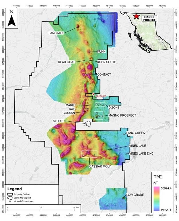 Total Magnetic Intensity (TMI) map outlining a continuous district-scale magnetic corridor extending across the Magno Project and linking numerous known mineral occurrences within a common geological framework.