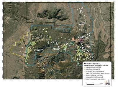 Figure 1. Atlanta property showing newly permitted RC and RAB drill site locations, as well as previously permitted drill site locations. Figure 1. Atlanta property showing newly permitted RC and RAB drill site locations, as well as previously permitted drill site locations.