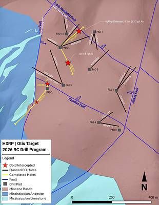 Figure 3: Detailed plan of the Otis target showing completed diamond core holes (including 9.2 m @ 3.2 g/t Au), planned RC drill holes, and the first hole currently drilling (HSR2601).