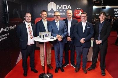 Pictured left to right at the Farnborough International Airshow are Matthew Archer, UK Space Agency Deputy Director Launch & SDA; Andrew Stanniland, MDA Space UK Managing Director; Dr. Josef Aschbacher, European Space Agency Director General; Dr. Timo Stuffler, OHB System AG Director Business Development; Richard Thorburn, CEO of Thales Alenia Space in the UK; and Kim Lake, OHB Space UK Head of Science and Exploration (Photo Credit: Andrew Lunn)