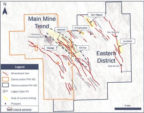 Figure 1. Map of Palmarejo Main Mine Trend and Eastern District showing major vein trends