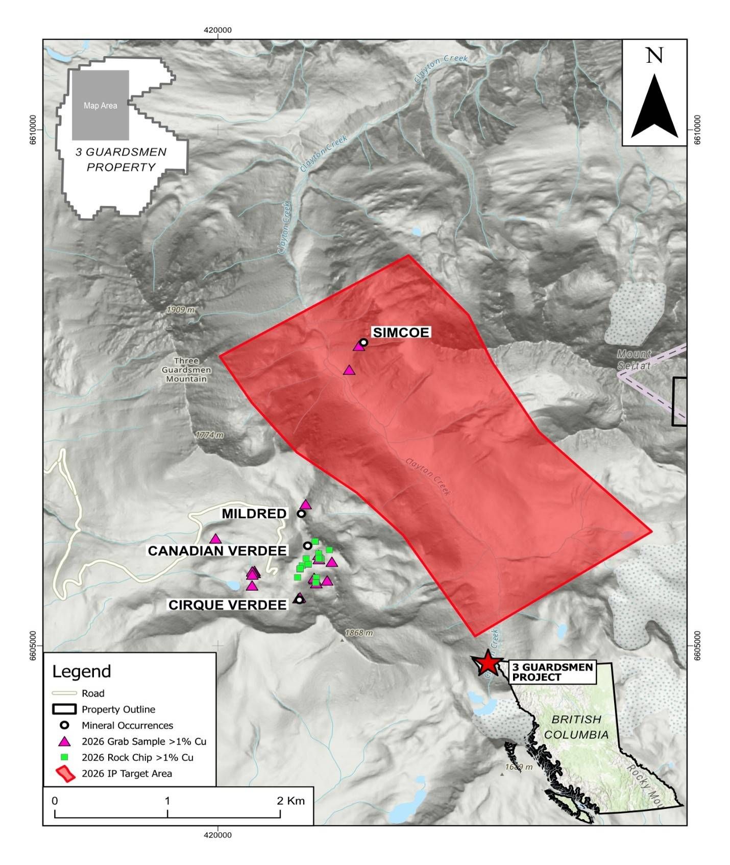 Location of the completed 2026 induced polarization survey lines relative to previously reported high-grade copper occurrences and priority exploration targets at the Three Guardsmen Project.