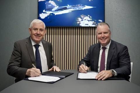 (Left to right) Haydn Martin, Vice President, Business Development, Marketing, and Contracts, Magellan Aerospace, and Paul Ferraro, Vice President & General Manager, Defense Engines & Services, GE Aerospace, sign agreement at Farnborough Air Show.