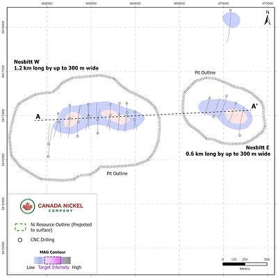 Figure 1. Plan View of Nesbitt Nickel Sulphide Resources. Section A-A' is shown in Figure 2.