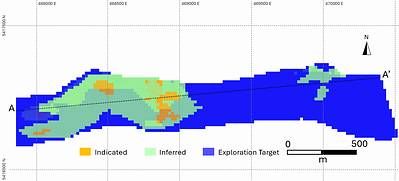 Figure 4. Plan View of the Nesbitt Block Model showing categorized resources. The blue Exploration Target is not part of the Updated MRE.