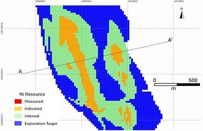Figure 8. Plan View of the Deloro Block Model showing categorized resources. The blue Exploration Target is not part of the Updated MRE.