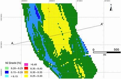 Figure 9. Plan View of the Deloro Block Model showing nickel grade distribution.