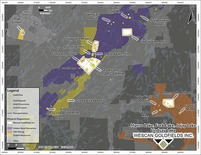 Figure 3: Location of Wescan's land package, including the newly staked Lindsay Lake Project and the Munro Lake, Fork Lake and Jojay Lake projects.