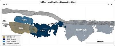 Figure 1: Map showing FDN mineral footprint with the FDN, FDNS, FDN East, and Bonza Sur deposits Figure 1: Map showing FDN mineral footprint with the FDN, FDNS, FDN East, and Bonza Sur deposits