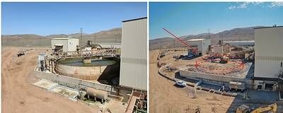 Figure 1: Before and after demolition of the existing 115-foot in diameter thickener tank in preparation for planned upgrades as part of the Lone Tree Plant refurbishment. Figure 1: Before and after demolition of the existing 115-foot in diameter thickener tank in preparation for planned upgrades as part of the Lone Tree Plant refurbishment.
