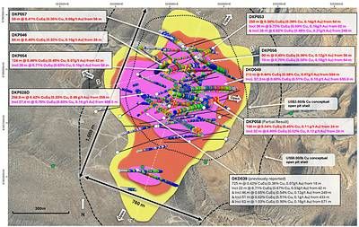 Figure 2. Plan view map of La Verde showing recent drill hole results and updated +0.2% copper (yellow), +0.3% copper (red), +0.4% copper (magenta) mineralisation interpolants. Drilled holes with pending assays are shown in black. Position of A – A' cross section (Figure 3), and B – B' cross section (Figure 4) annotated with white dashed lines. Conceptual open pit shells1 displayed for $US3.50/lb Cu (blue) and $US6.00/lb Cu (green) displayed as dashed lines. Results reported including CuEq2.