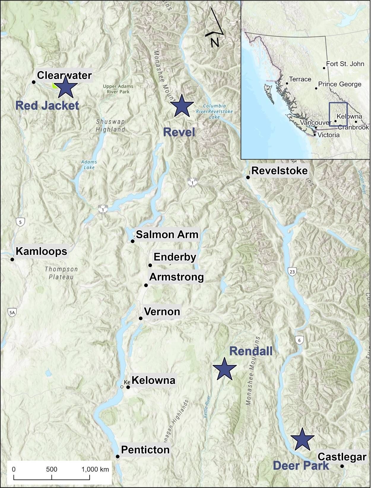 Location of Red Jacket and Revel Project in context with other Riverside properties and key cities in south central British Columbia