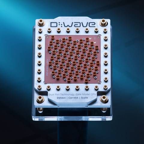 D-Wave's dual-rail gate-model quantum processor. A close-up look at D-Wave's superconducting gate-model quantum processor, built on a dual-rail architecture designed to detect quantum errors at the hardware level. This built-in error detection makes quantum error correction more efficient, supporting a practical path to scalable, fault-tolerant quantum computing.