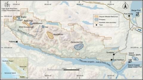 Figure 1: North Island Project Showing Location of Deposits and Prospects. Coordinates are reported in UTM Zone 9 North (NAD83 CRS, VD CVG28BC) with units in metres.