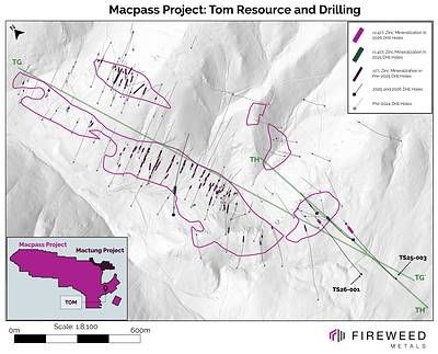 Map 2: Tom intersected mineralization, composite intervals in 2026 drilling, 2025 drilling and pre-2025 drilling with mineral resource vertical projection to surface.