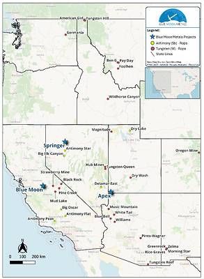 Figure 1. Map of the Projects with Blue Moon's Springer, Apex and Blue Moon mines. Figure 1. Map of the Projects with Blue Moon's Springer, Apex and Blue Moon mines.