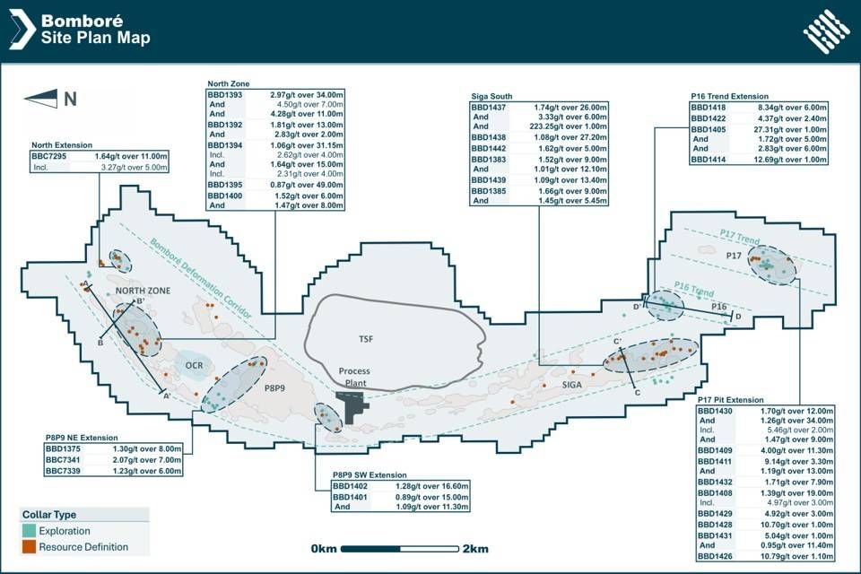 Bomboré Plan Map Highlighting Selected Intercepts