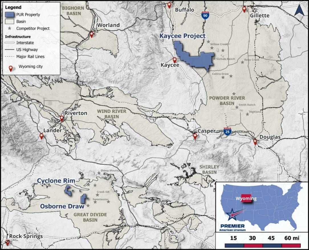 PUR's Wyoming exploration portfolio, highlighting the Kaycee Project in the Powder River Basin and the Cyclone Project in the Great Divide Basin. Active exploration is currently underway at both projects