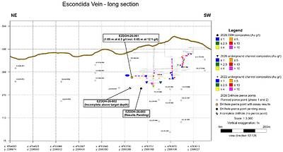 Figure 2: Long section of the Escondida Vein showing drill intercept locations and the mine workings