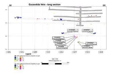 Figure 3: Long section of the Escondida Vein showing 2026 channel samples and the mine workings