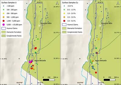 Figure 2 Uranium and copper surface sampling results along the Huemul Mine – Agua Botada Trend.