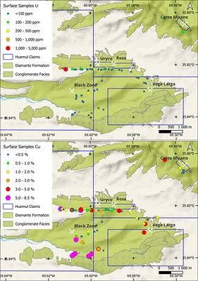 Figure 3 Uranium and copper surface sampling results along the Uryco-Rosa, Black Zone and Vega Larga Trend.