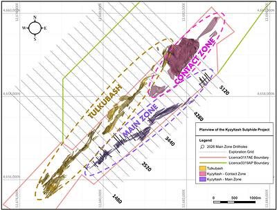 Figure 1: Plan view of the Kyzyltash Sulfide Gold Project showing the Tulkubash oxide zone and the Kyzyltash sulfide Deposit, including the Contact Zone (CZ) and the Main Zone (MZ) with drill holes in the MZ. Figure 1: Plan view of the Kyzyltash Sulfide Gold Project showing the Tulkubash oxide zone and the Kyzyltash sulfide Deposit, including the Contact Zone (CZ) and the Main Zone (MZ) with drill holes in the MZ.