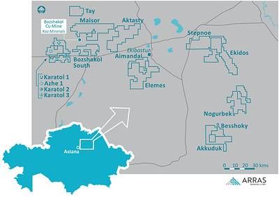 Figure 9. Location of the Elemes Project and Arras Minerals project portfolio in Pavlodar Region, northeastern Kazakhstan.