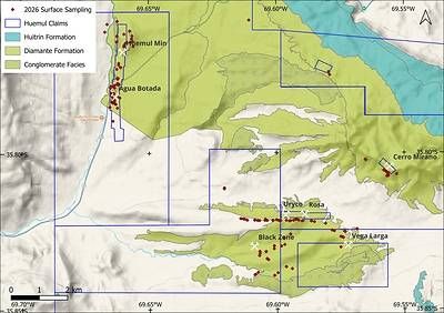 Figure 1 Huemul Project Target and Surface Sampling Locations