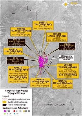 Figure 1: Plan view of existing and new drill silver-equivalent highlights