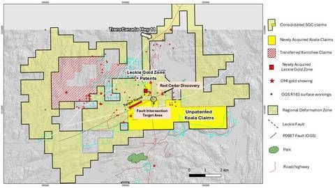 Figure 1: Map of Strathy Gold Project Post Acquisition. Note additional 9.4km2 of claims adjacent to both the Leckie Gold Zone and Red Cedar Discovery