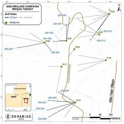 Map showing the location of the drill holes for the Las Brisas 2026 drilling campaign