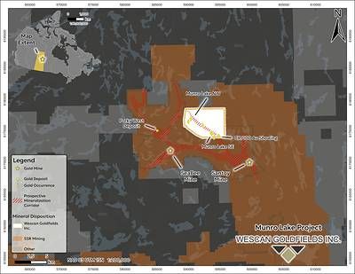 Figure 1: Location of the Munro Lake Project, northern Saskatchewan. The prospective volcanic stratigraphy, highlighted in red, extends from the Seabee and Santoy mines onto the Munro Lake property**. Figure 1: Location of the Munro Lake Project, northern Saskatchewan. The prospective volcanic stratigraphy, highlighted in red, extends from the Seabee and Santoy mines onto the Munro Lake property**.