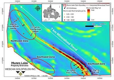 Figure 2: Munro Lake property overview showing surface grab sample locations, 2013 drill hole locations and the three principal mineralized areas (Northwest, Southwest and Southeast zones) along the 7-kilometre mineralized trend. Figure 2: Munro Lake property overview showing surface grab sample locations, 2013 drill hole locations and the three principal mineralized areas (Northwest, Southwest and Southeast zones) along the 7-kilometre mineralized trend.