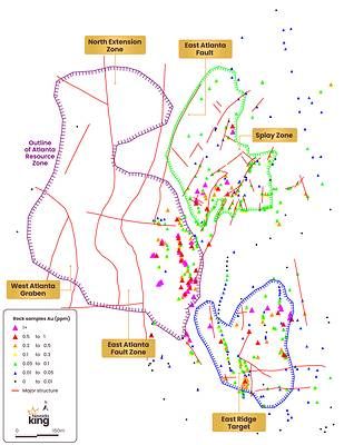 Figure 1. Surface rock sample gold values and interpreted structure at Atlanta, showing the East Ridge Target, and Splay Zone on the footwall east of the Atlanta Resource Zone and on strike with the East Atlanta Fault Zone splays. Figure 1. Surface rock sample gold values and interpreted structure at Atlanta, showing the East Ridge Target, and Splay Zone on the footwall east of the Atlanta Resource Zone and on strike with the East Atlanta Fault Zone splays.