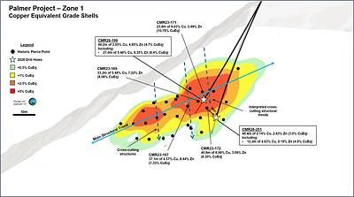 Figure 2. Zone 1 CuEq grade shells with CMR26-199 and CMR26-201 pierce points. CuEq values are calculated using the assumptions set out in the Notes to Table 1.